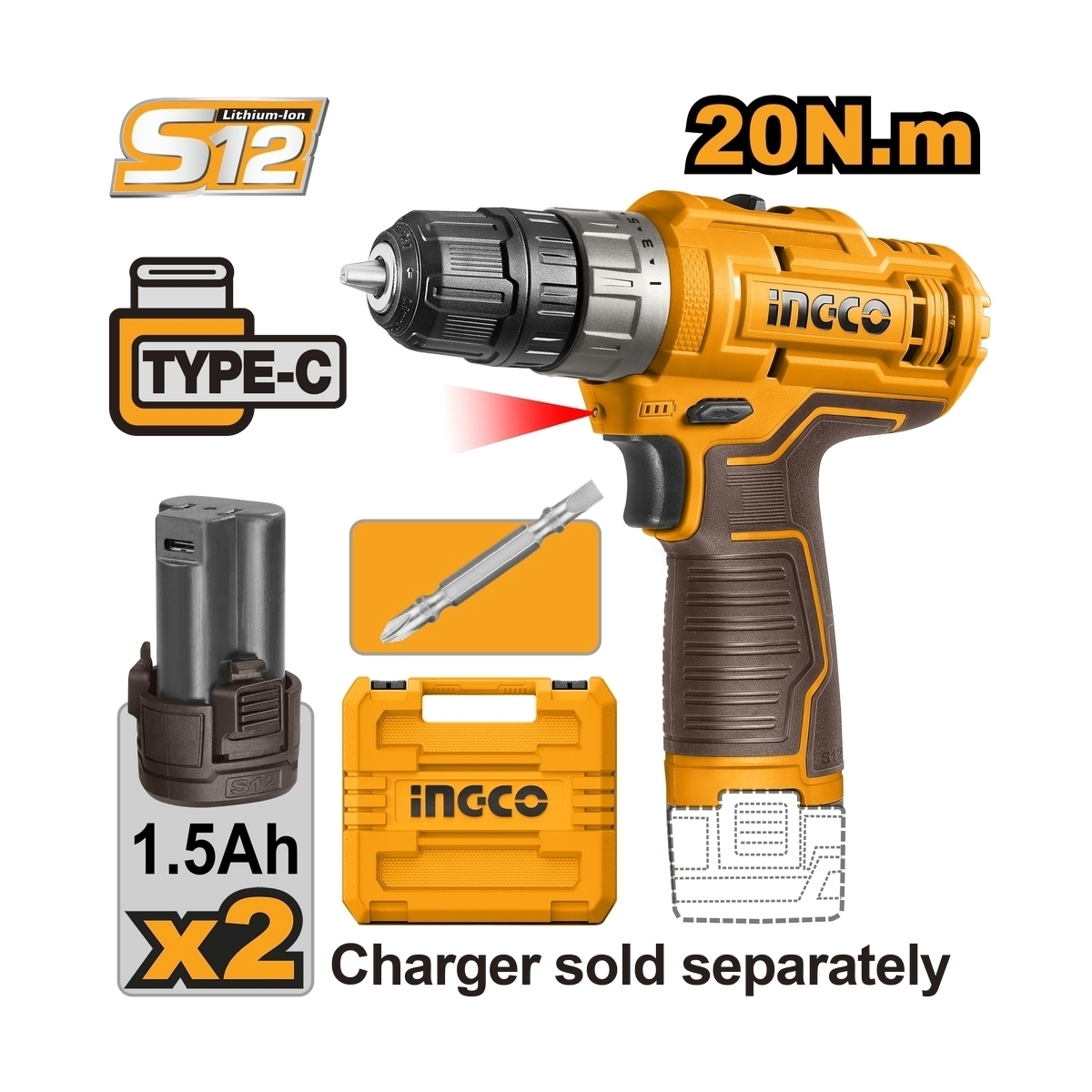 12V-กระบอก สว่านไร้สาย 20N.M-ชุด 1.5AH*2