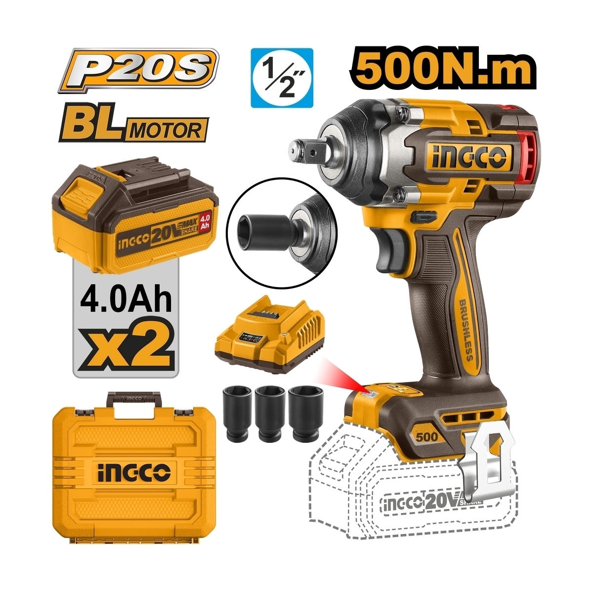20V-BL บล็อกไร้สาย 500N.M-ชุดแบต 4.0AH*2