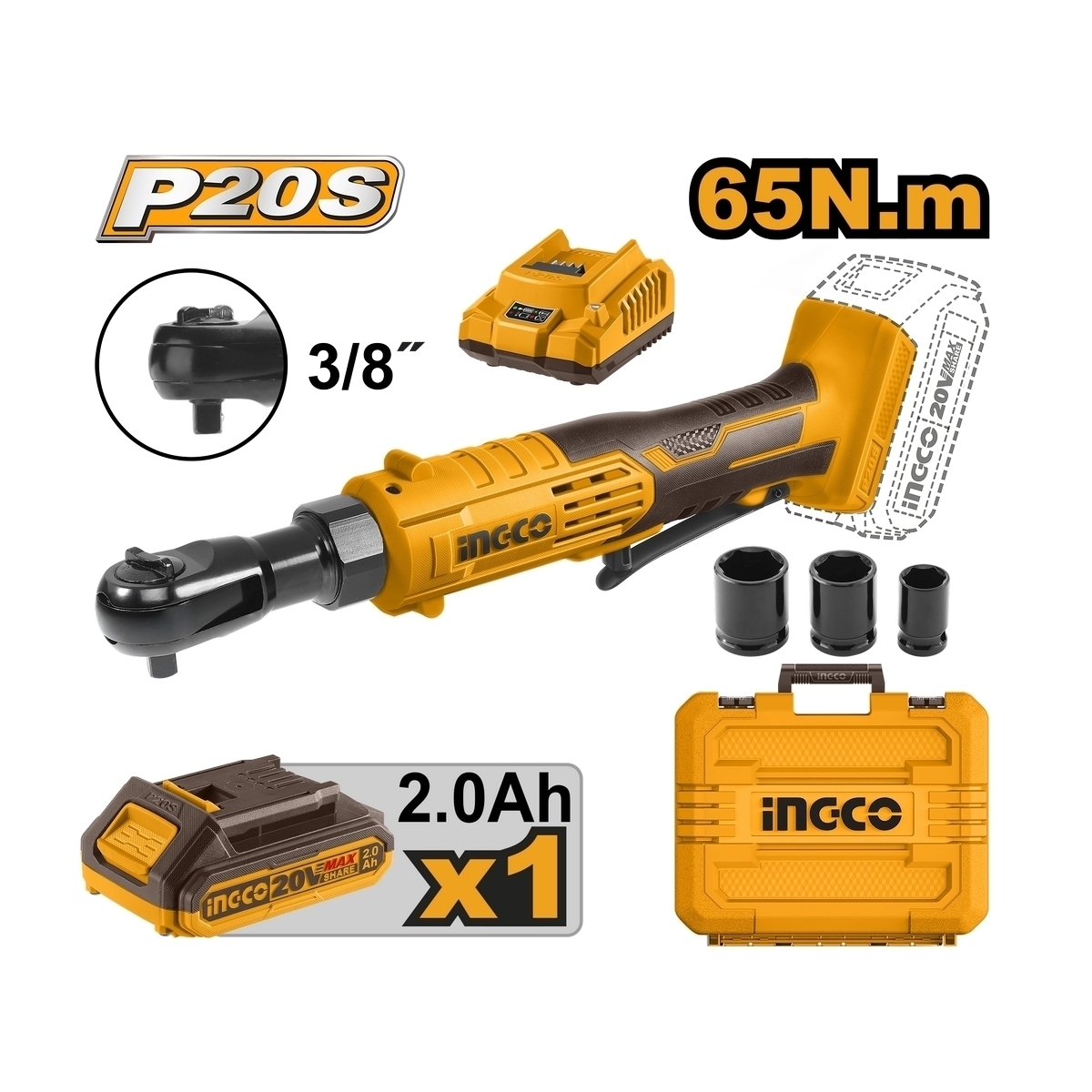 20V ประแจด้ามฟรี ไร้สาย-ชุดแบต 2.0AH*1