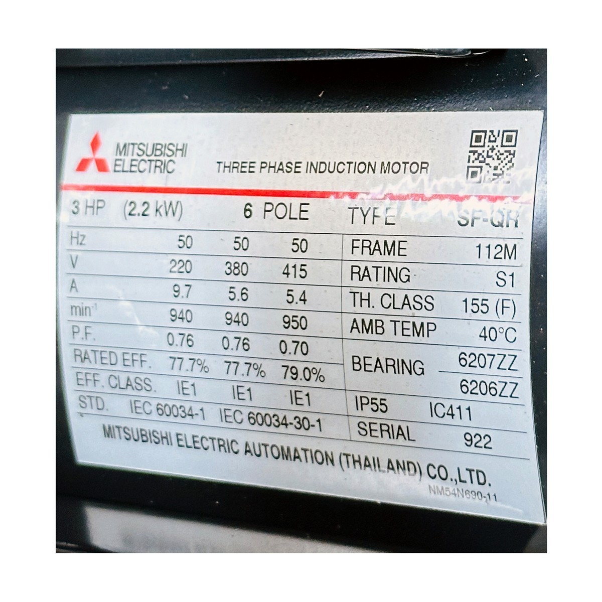 SF-QR มอเตอร์ 3 HP IP-55 220/380V 6P