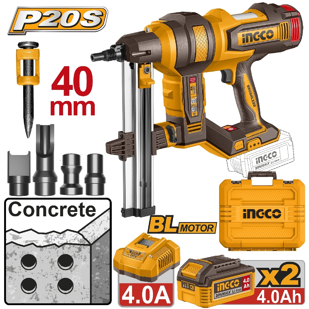 20V-BL เครื่องยิงตะปูคอนกรีต-ชุด 2.0AH*2