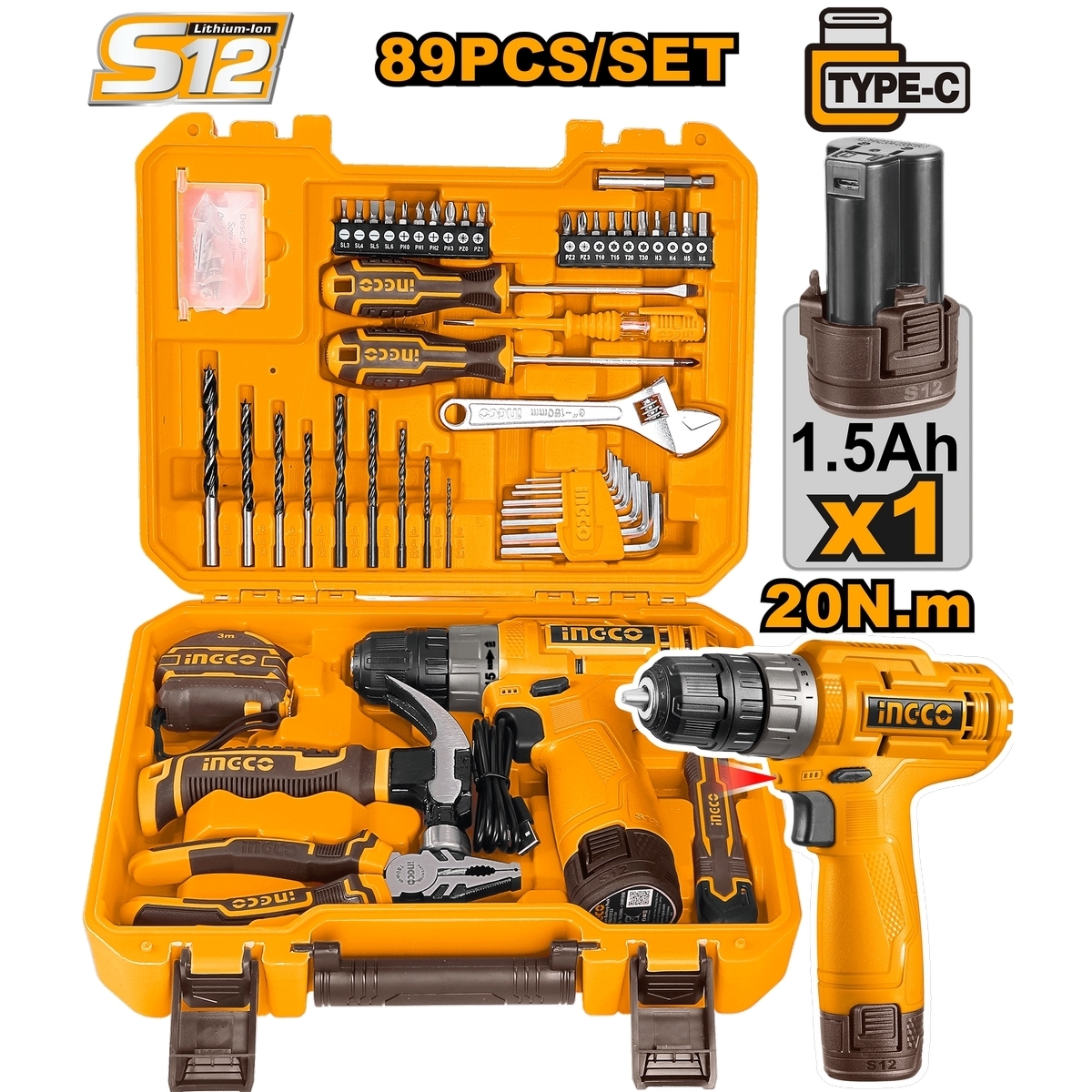ชุดสว่านไร้สาย12V +เครื่องมือช่าง 89ชิ้น