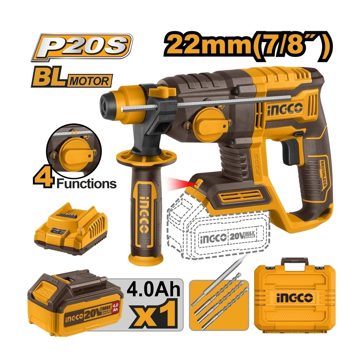 20V-BL โรตารี่ไร้สาย 22MM-ชุดแบต 4.0AH*1