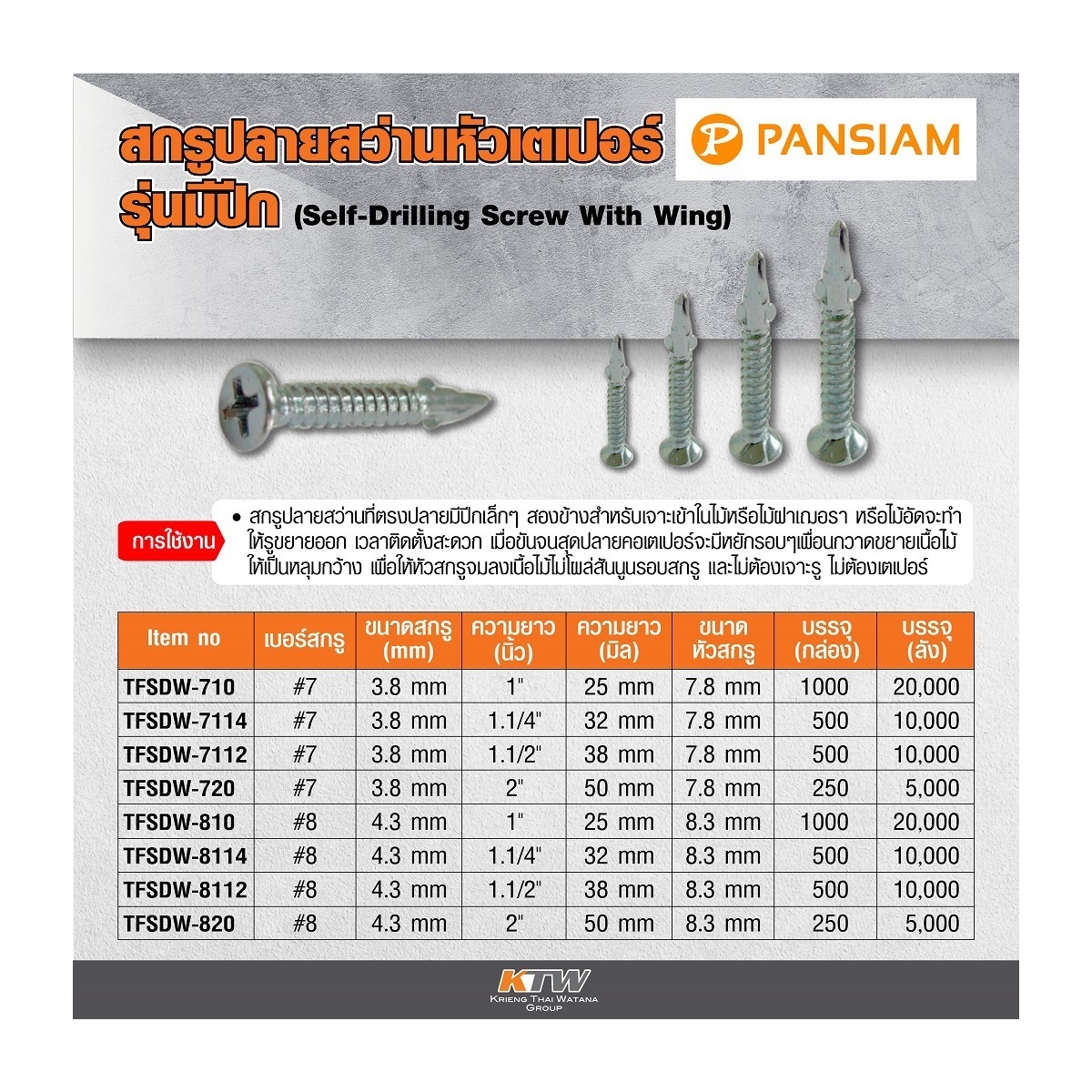 TFSDW-810 สกรูปลายสว่านหัวเตเปอร์มีปีก#8