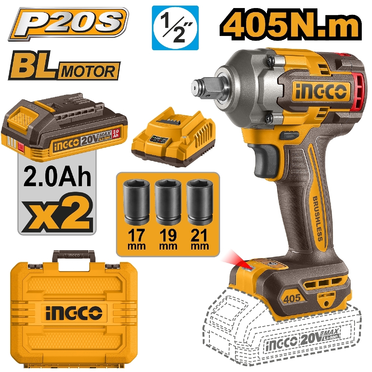 20V-BL บล็อกไร้สาย 405N.M-ชุดแบต 2.0AH*2