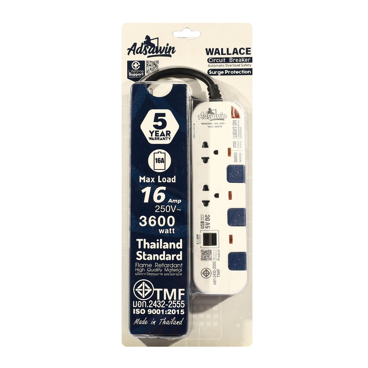 WL2315USB-5Mปลั๊กไฟ2ช่อง3สวิตช์2USBWH/NB