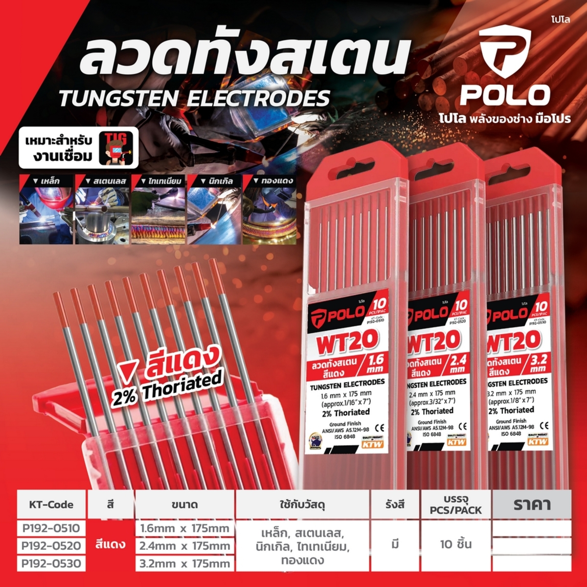 ลวดทังสเตนสีแดง (WT20) 2.4MM(10PCS/1PAC)