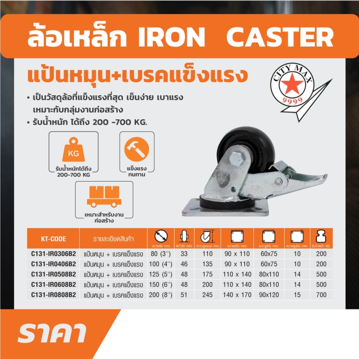 ล้อเหล็กแป้นหมุนพร้อมเบรคแข็งแรง8