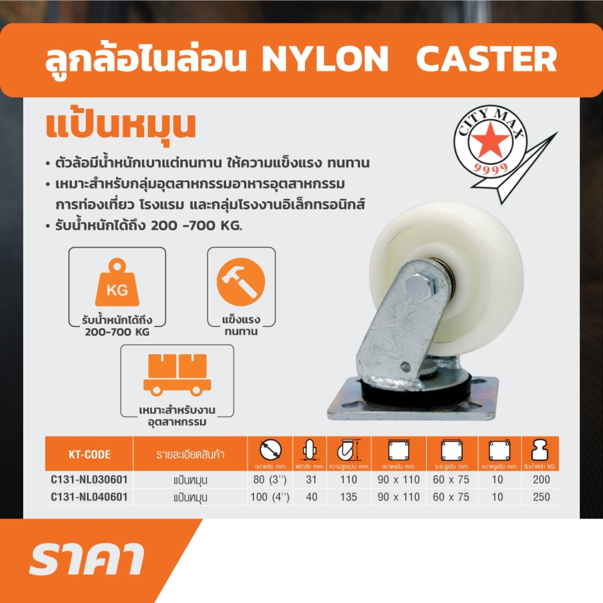 ลูกล้อไนล่อน แป้นหมุน ขนาด 3 นิ้ว(80มม.)