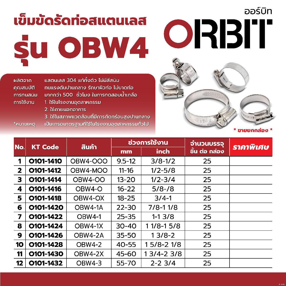 OBW4-O เข็มขัดรัดท่อ สแตนเลส 16-22มม.