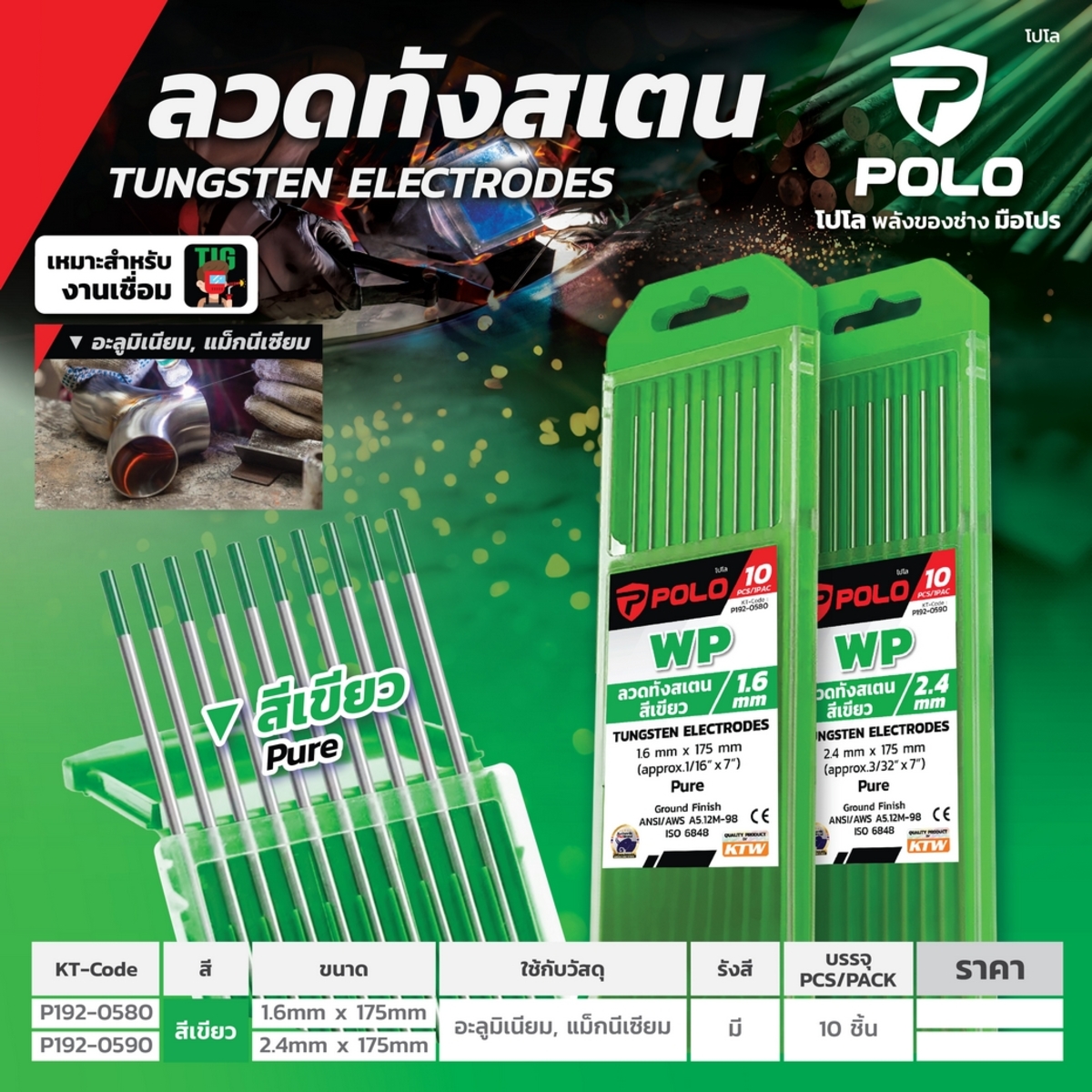 ลวดทังสเตนสีเขียว (WP) 1.6MM(10PCS/1PAC)